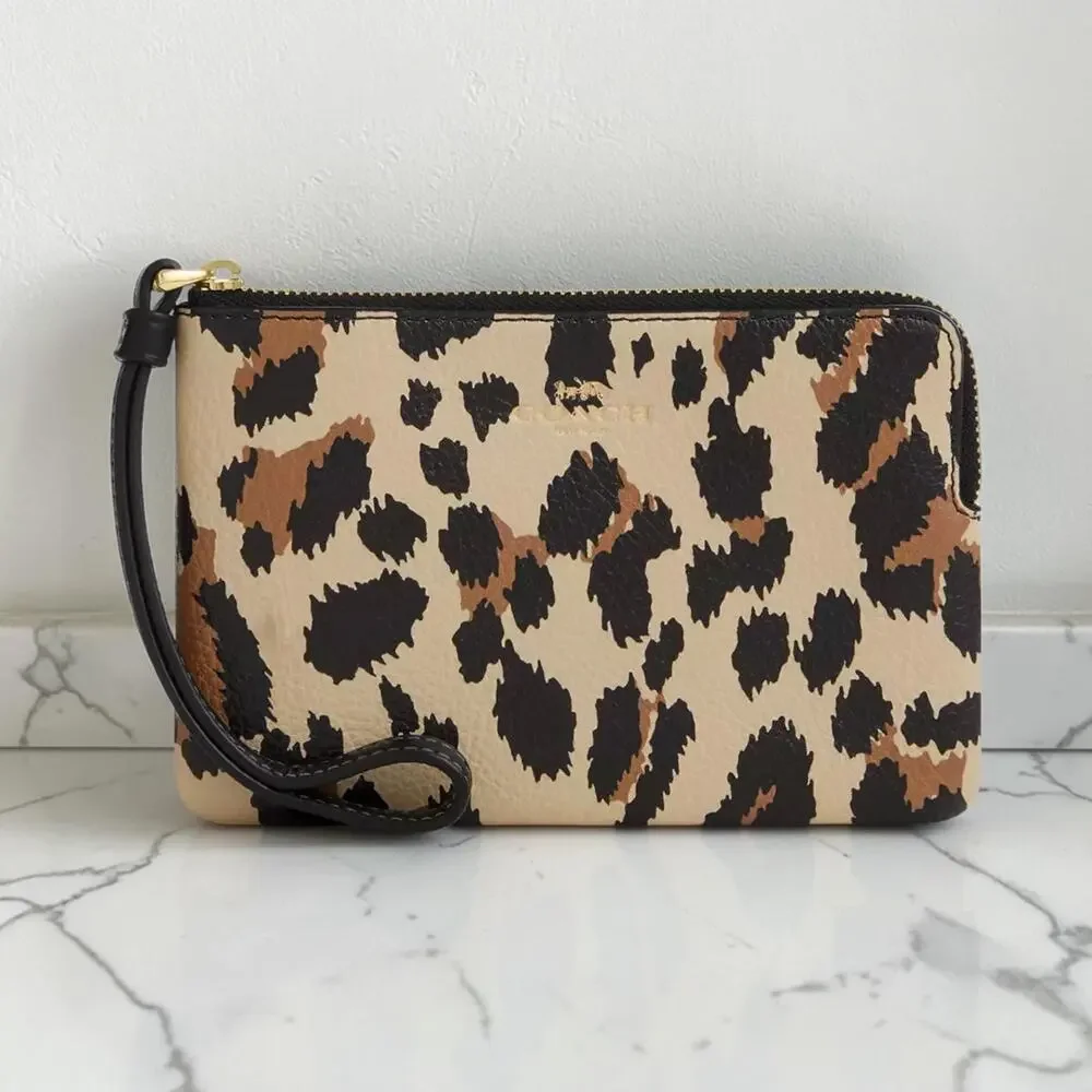 Coach Corner Zip Leather Wristlet With Leopard Print CCJ74 NWT